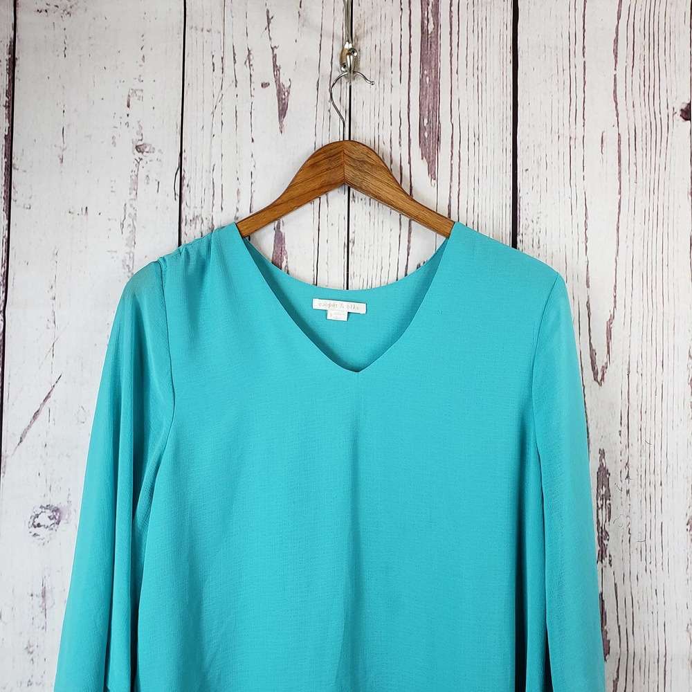 Cooper & Ella Tunic Blouse Womens Size Medium Layered Sheer Long Sleeve Green